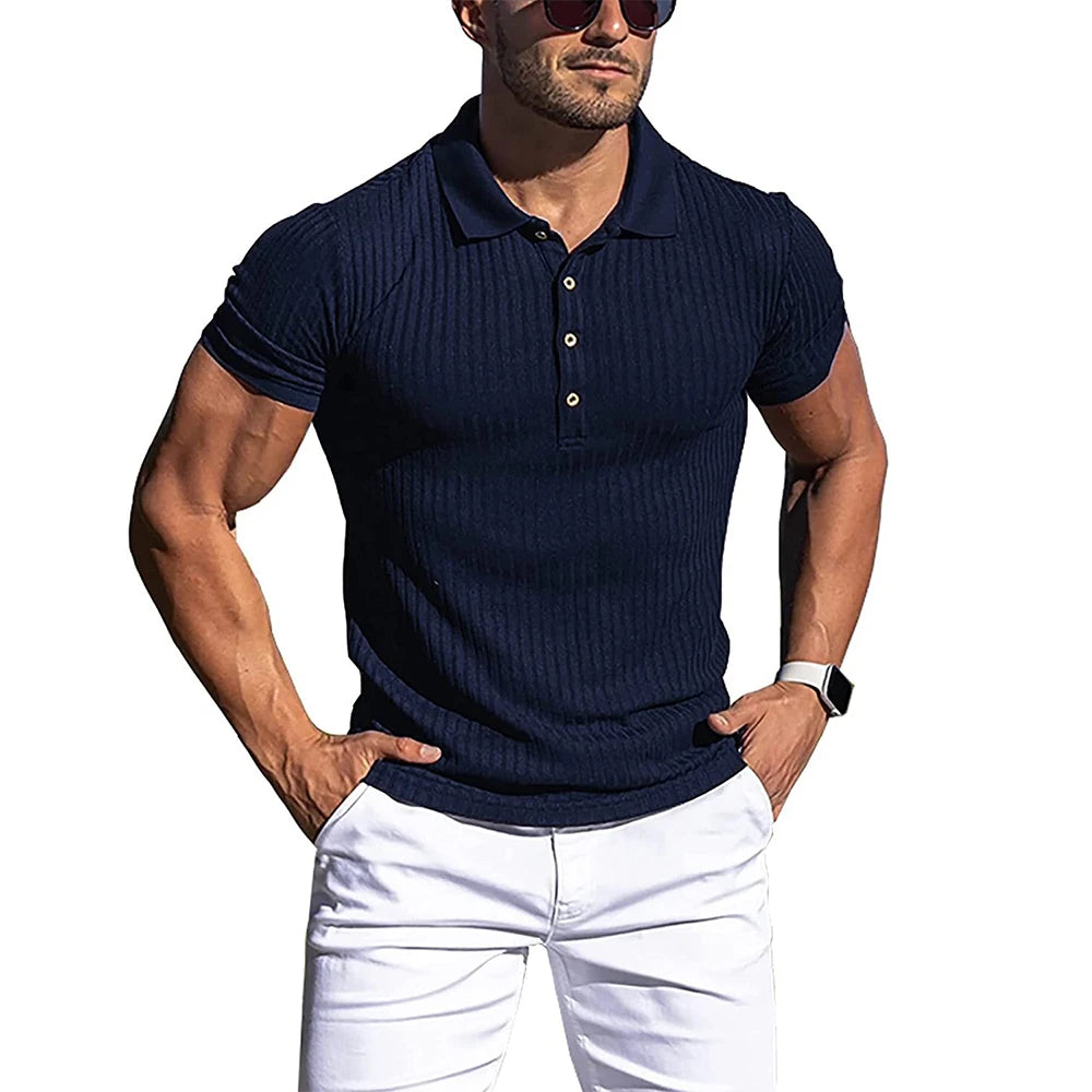 Men's Ribbed Stripe Short Sleeve Polo Shirt with Stand Collar