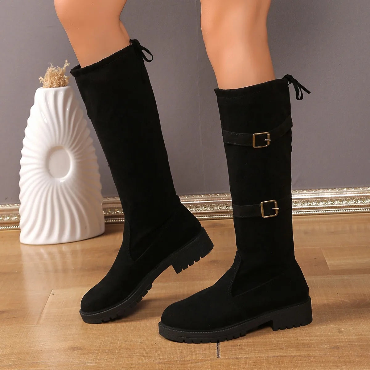 Women's Black Low Heel Knee High Boots with Classic Silhouette