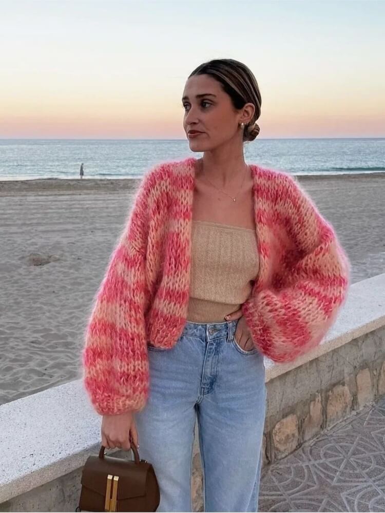 Women's Colorful Chunky Knit Cardigan with Open Front Design