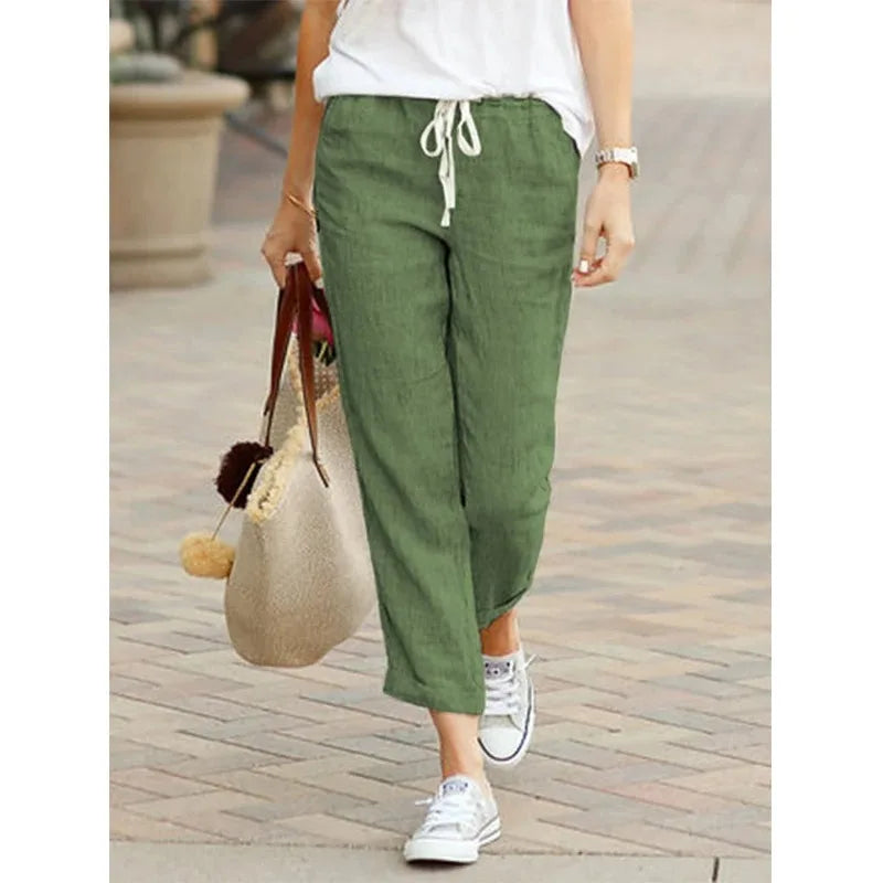 Women's Cotton Drawstring Casual Pants with Elastic Waistband