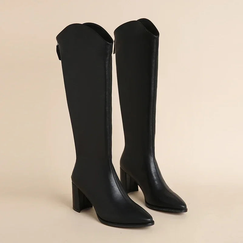 Women's Knee High Boots with Side Zip and Block Heel