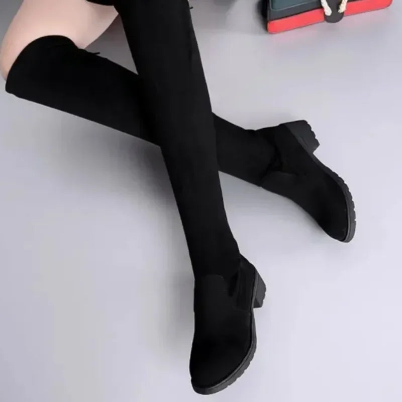 Women's Black Over The Knee Lace-Up Boots with Chunky High Heels