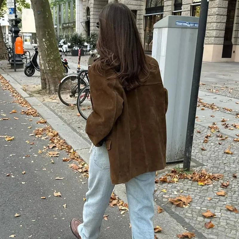 Women's Brown Blazer Jacket with Cropped Fit and Long Sleeve Design