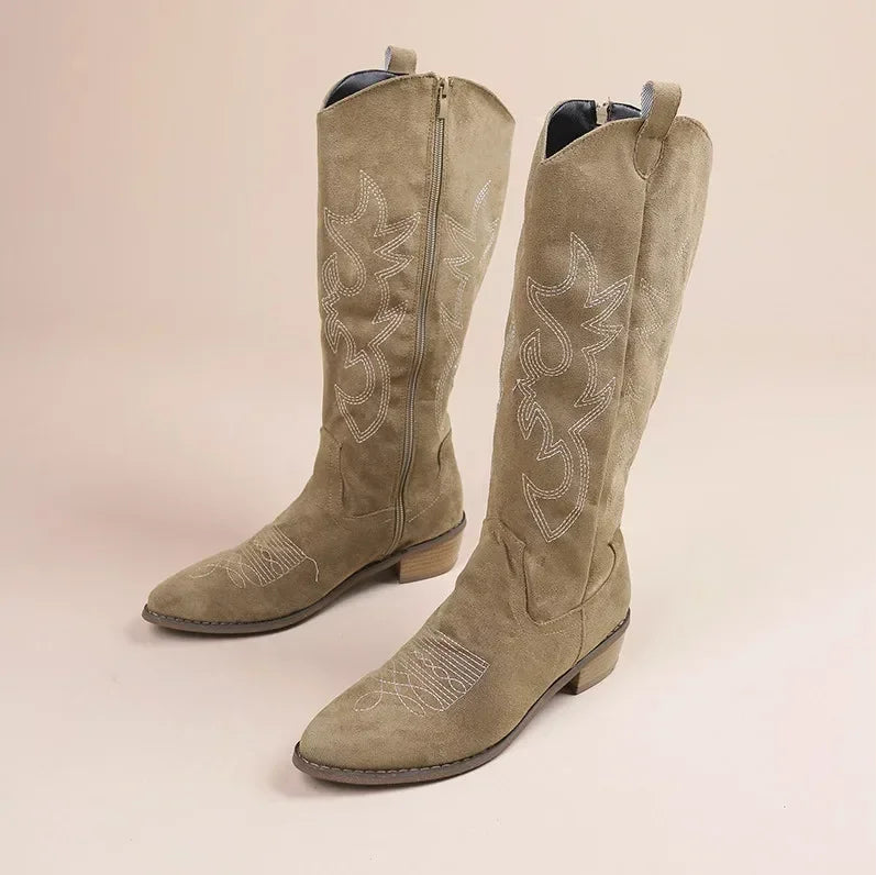 Women's Knee High Cowboy Boots with Embroidered Design and Thick Heel