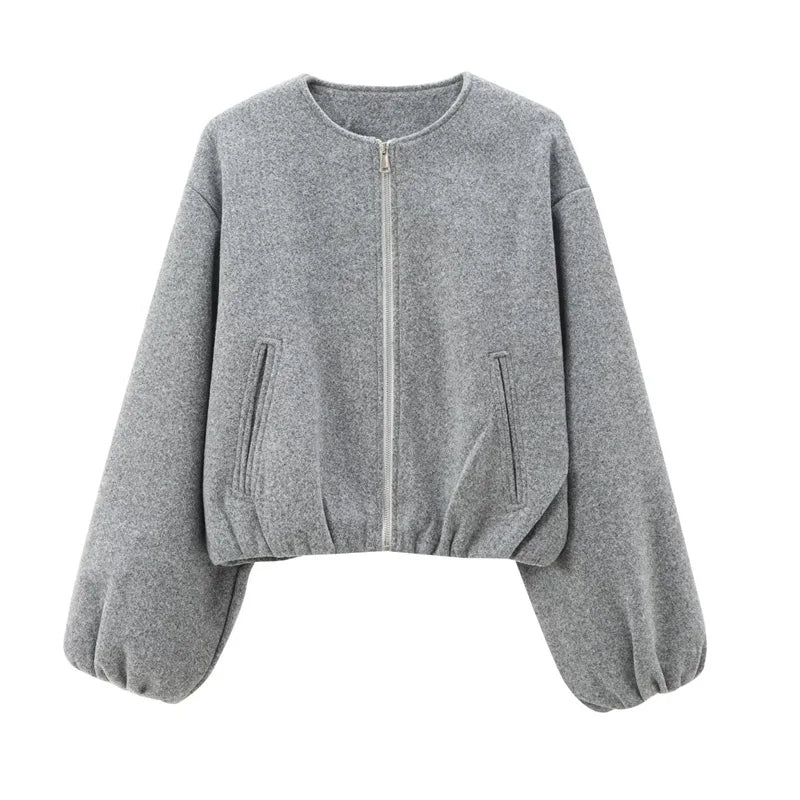 Women's Cropped Bomber Jacket with Long Sleeves and Zip Front