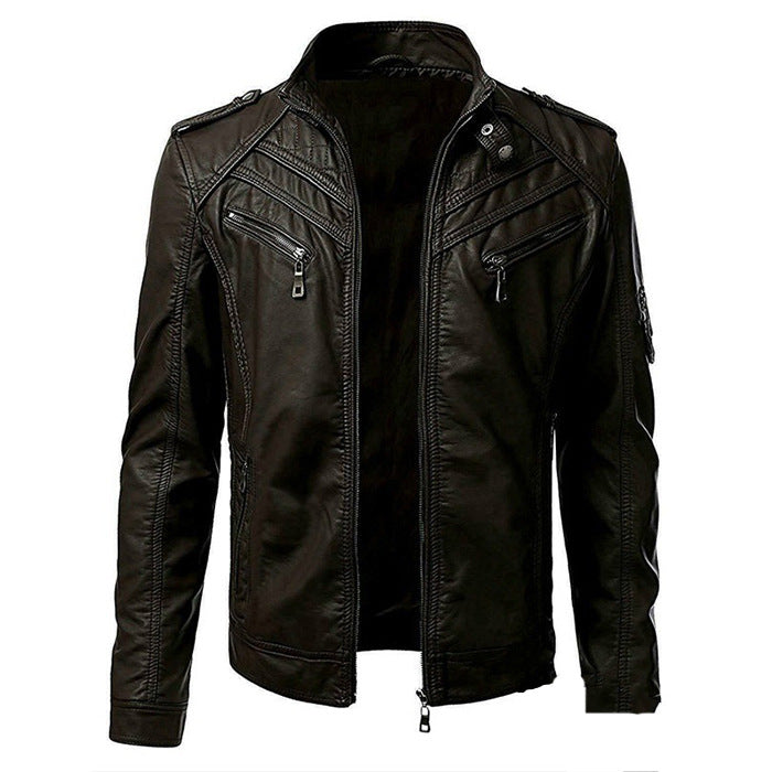 Men's Slim Fit Leather Jacket with Zip Pockets and Stand Collar