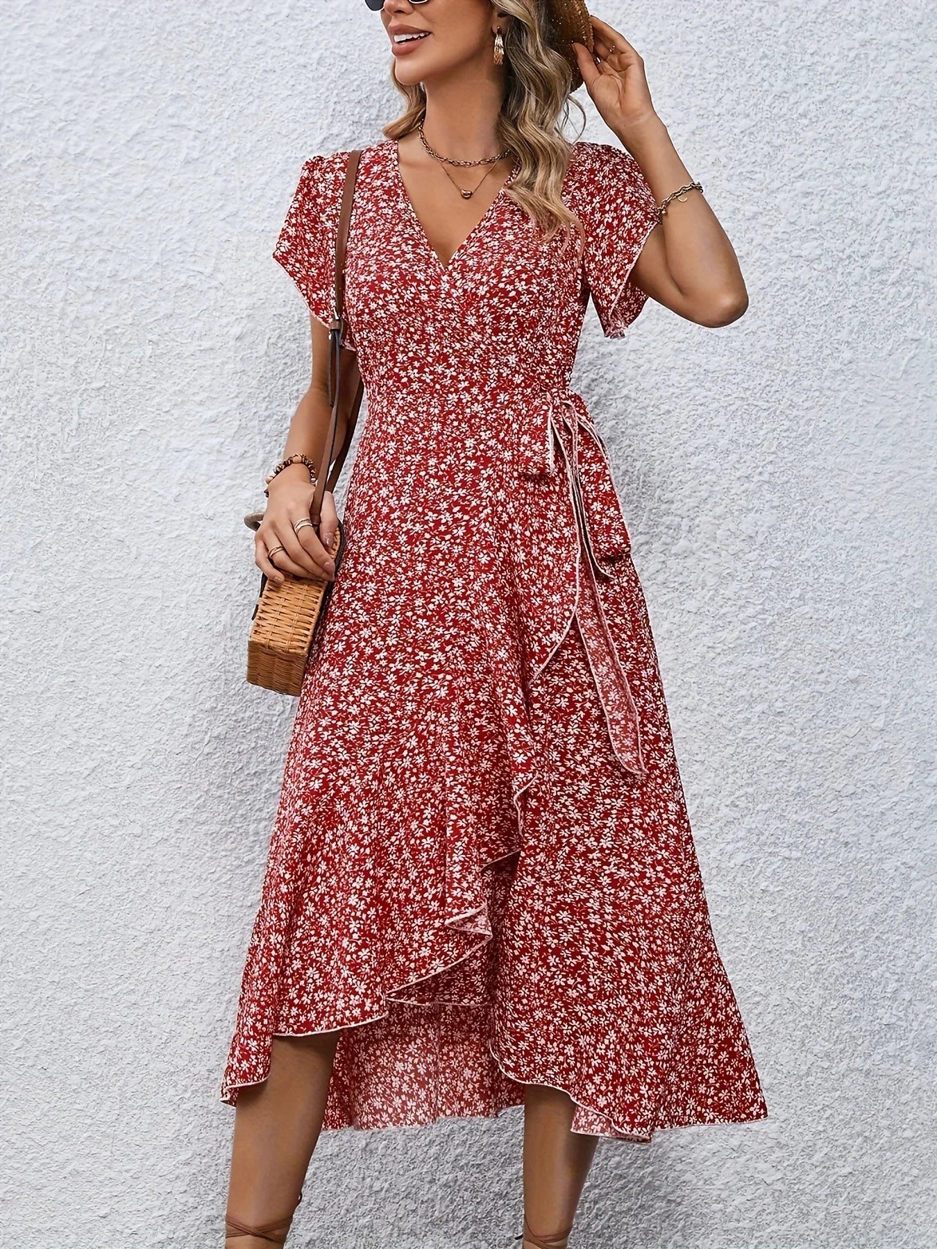 Women's V-Neck Floral Mini Wrap Dress with Short Sleeves and Tie Waist