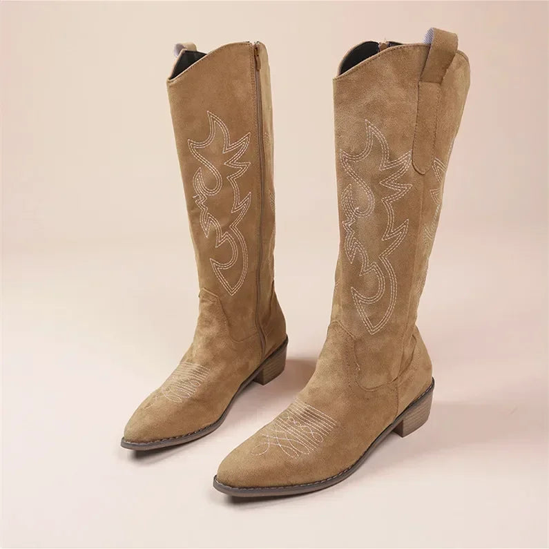 Women's Knee High Cowboy Boots with Embroidered Design and Thick Heel