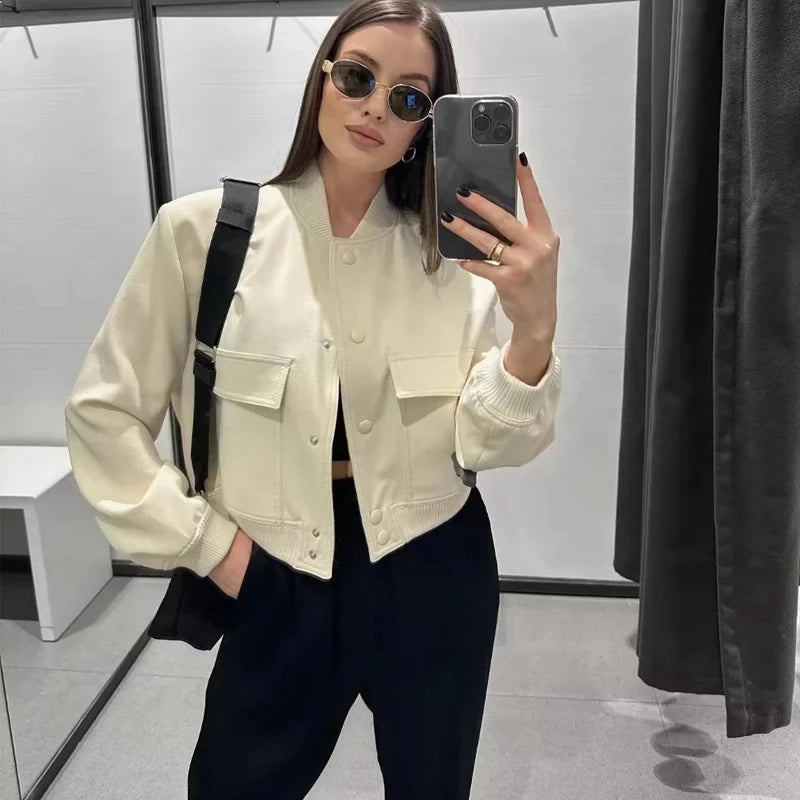 Women's Cropped Baseball Collar Bomber Jacket with Snap Buttons