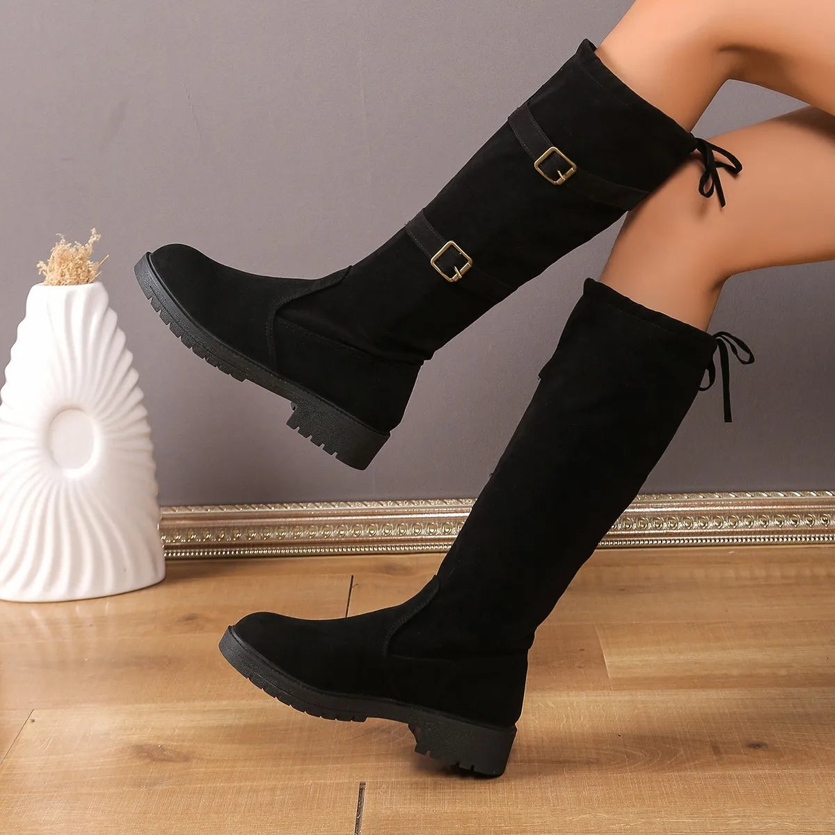 Women's Black Low Heel Knee High Boots with Classic Silhouette