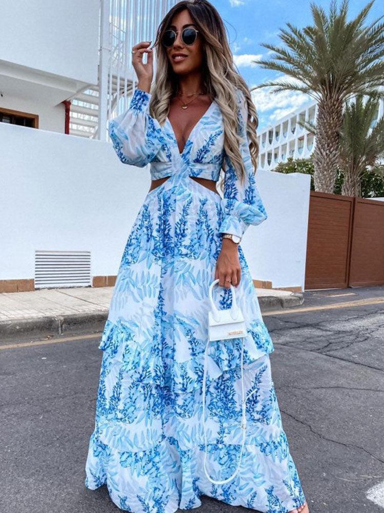Women's Boho-Inspired Floral Maxi Dress with Cut-Out Design