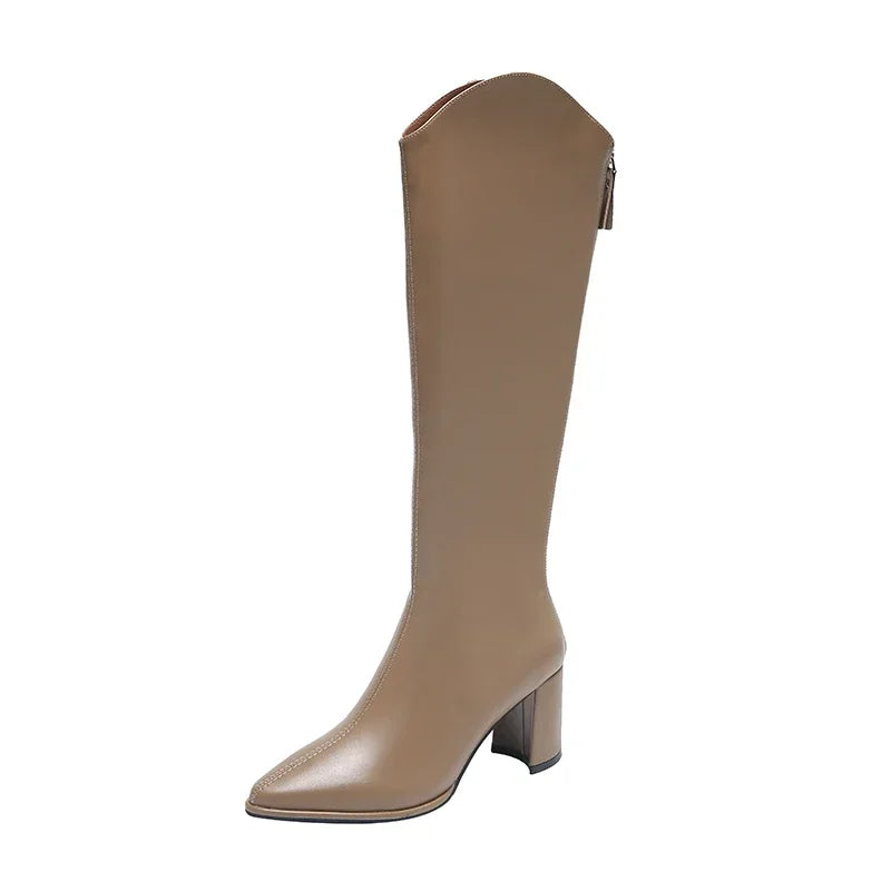 Women's Knee High Boots with Side Zip and Block Heel