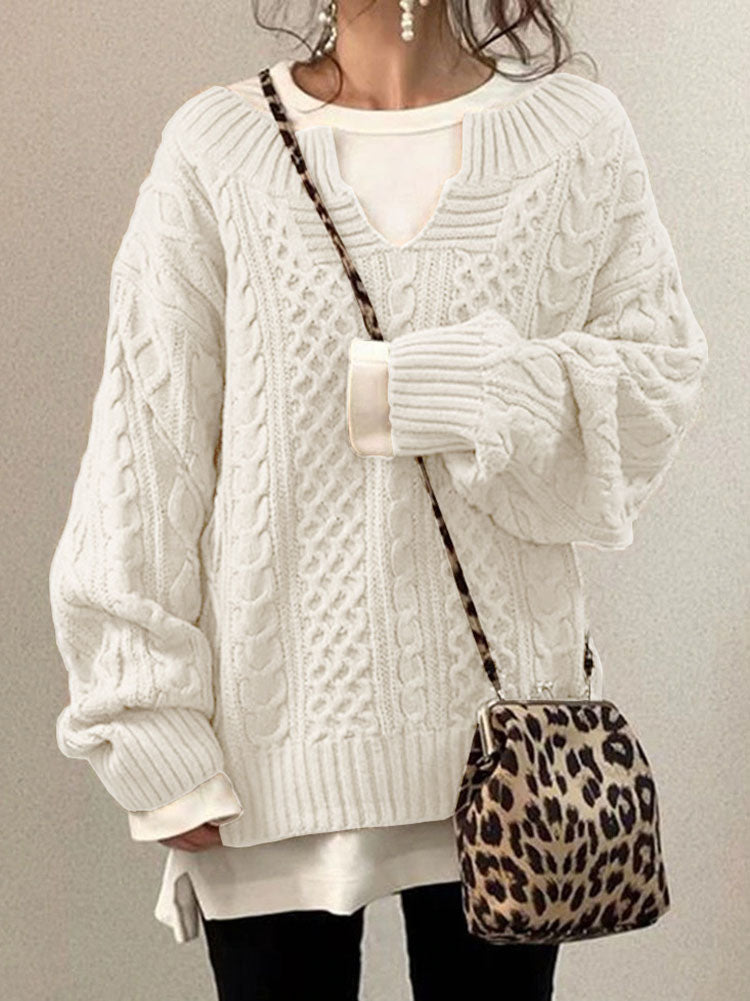 Women’s Cable Knit Jumper with Notch Round Neck and Chunky Texture