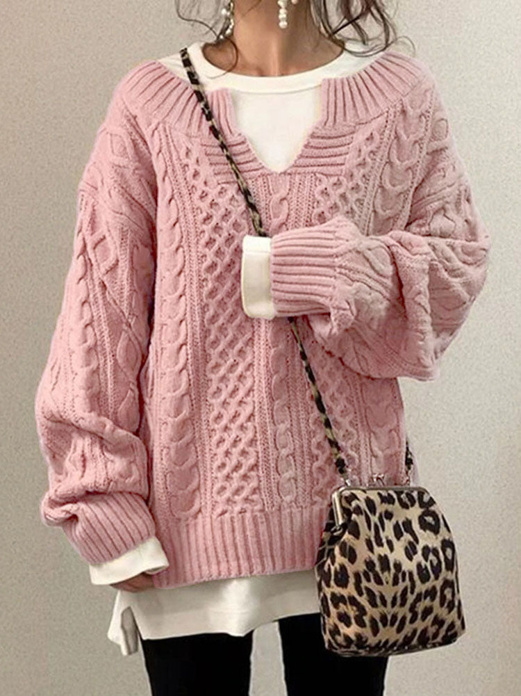 Women’s Cable Knit Jumper with Notch Round Neck and Chunky Texture