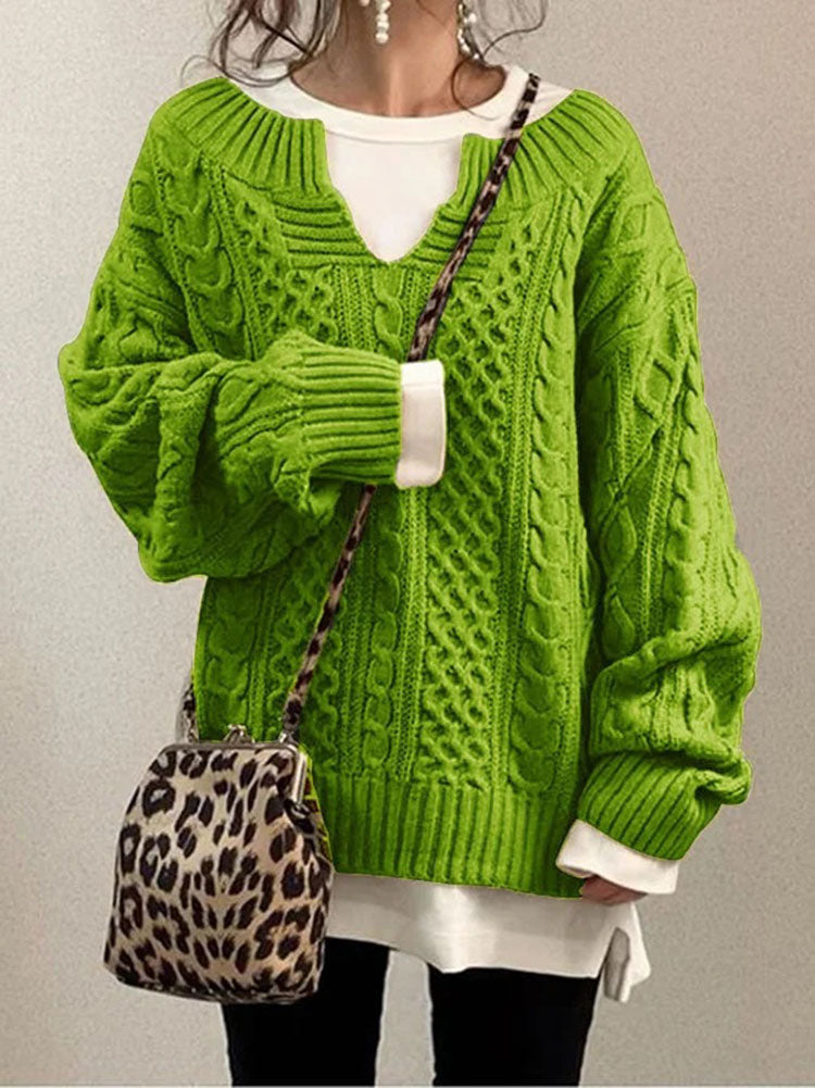 Women’s Cable Knit Jumper with Notch Round Neck and Chunky Texture