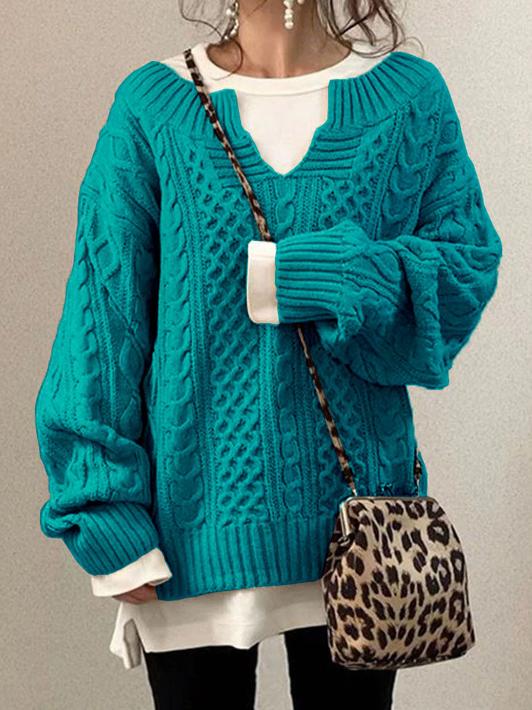 Women’s Cable Knit Jumper with Notch Round Neck and Chunky Texture