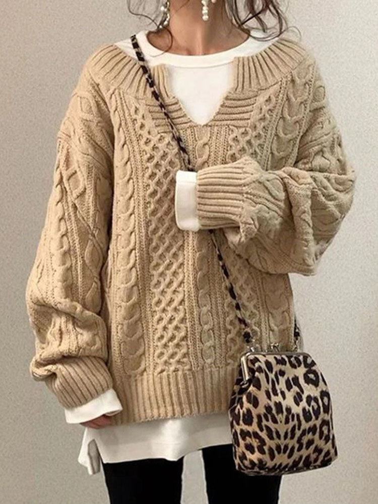 Women’s Cable Knit Jumper with Notch Round Neck and Chunky Texture