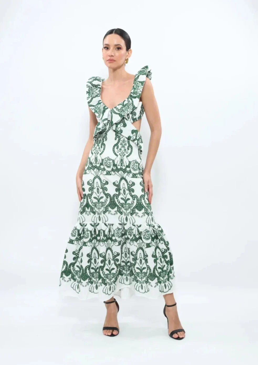 Women's Ruffled Backless Maxi Dress with Vintage-Inspired Print