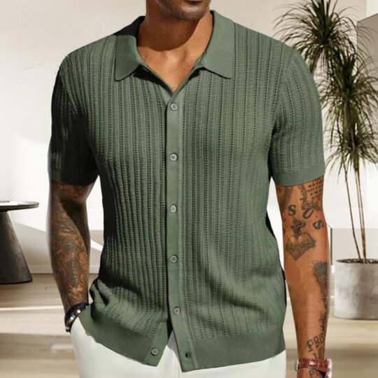 Men's Knit Button-Down Shirt with Soft Ribbed Texture
