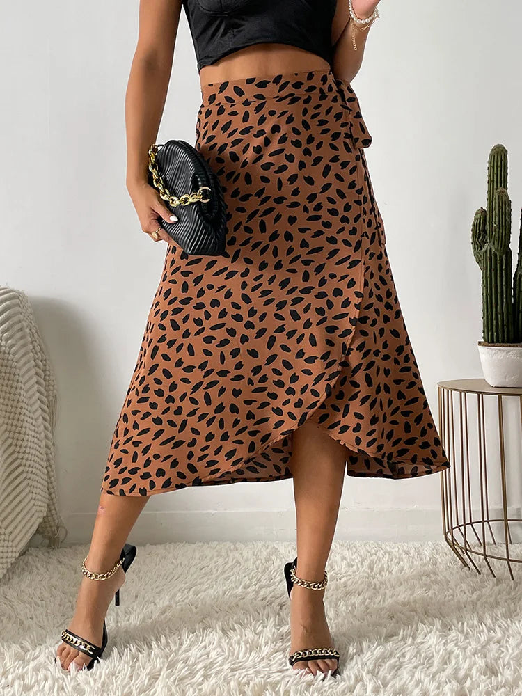 Women's Printed Wrap Midi Skirt with Tie Waist and Asymmetrical Hem