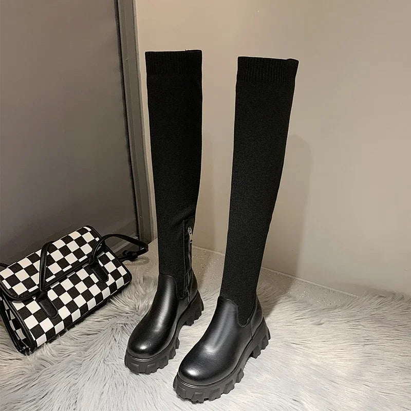 Women's Knee High Boots with Stretch Fit Chunky Lug Sole and Side Zip