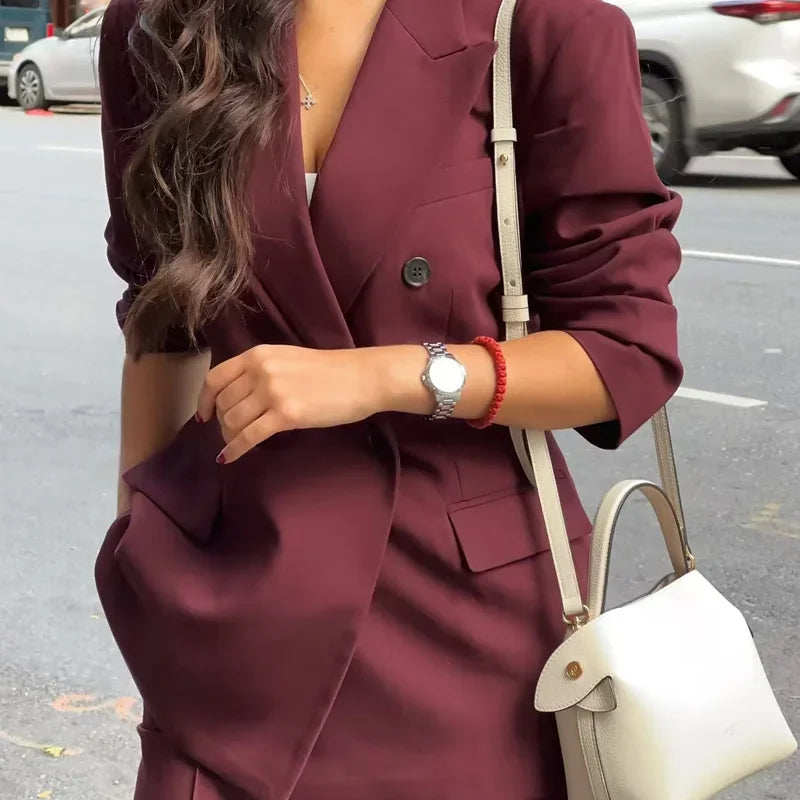 Women's Burgundy Double-Breasted Blazer Jacket with Lapel Collar