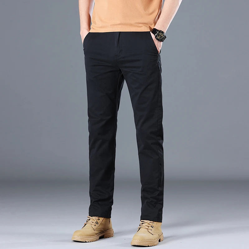 Men's Cotton Work Trousers Slim Fit Straight Leg Business Casual Wear