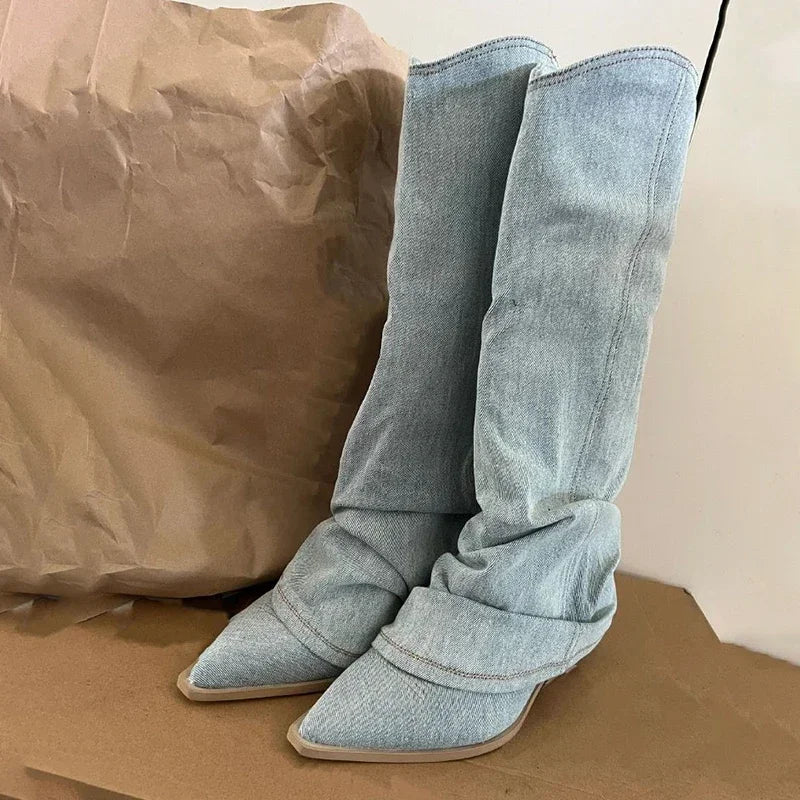 Women's Knee High Boots Pleated Western Pointed Toe Heeled