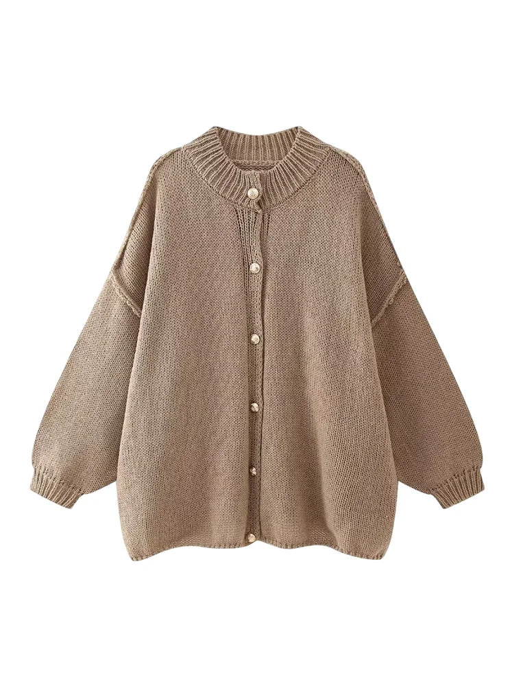 Women's Bat Sleeve Cardigan with Lapel and Metal Button Detail