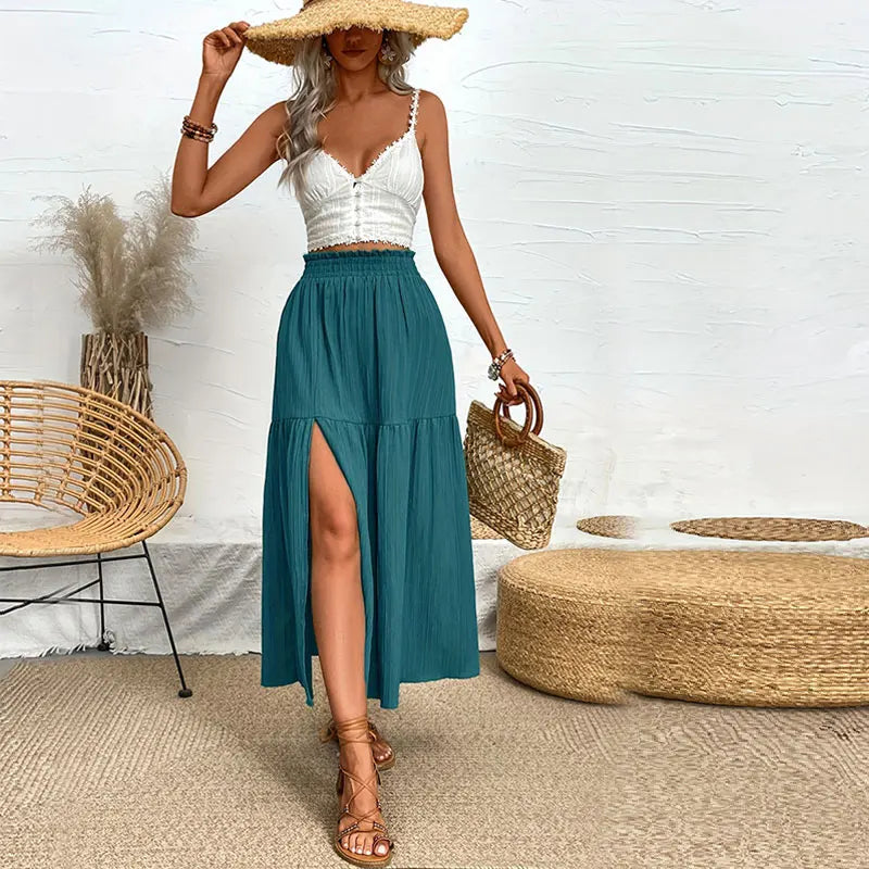 Women's High Waist A-Line Midi Skirt with Side Slit and Ruffle Hem