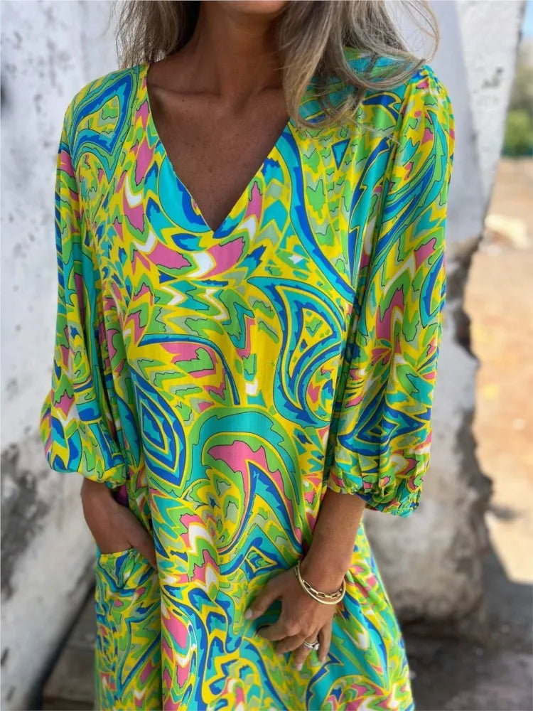 Women’s Printed Boho Maxi Dress with V-Neckline and Pockets