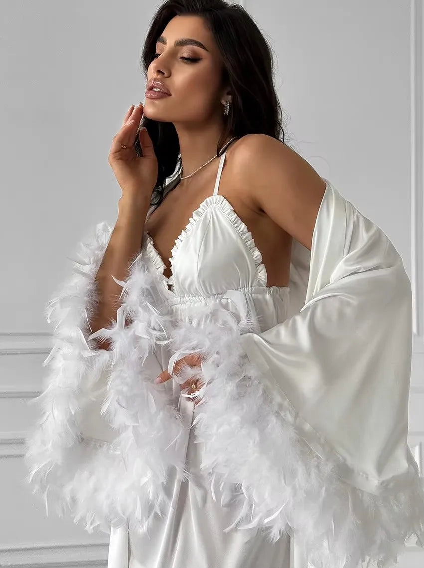 Women's Wedding Dressing Gown with Feather Trim Sleeves and Belted Waist