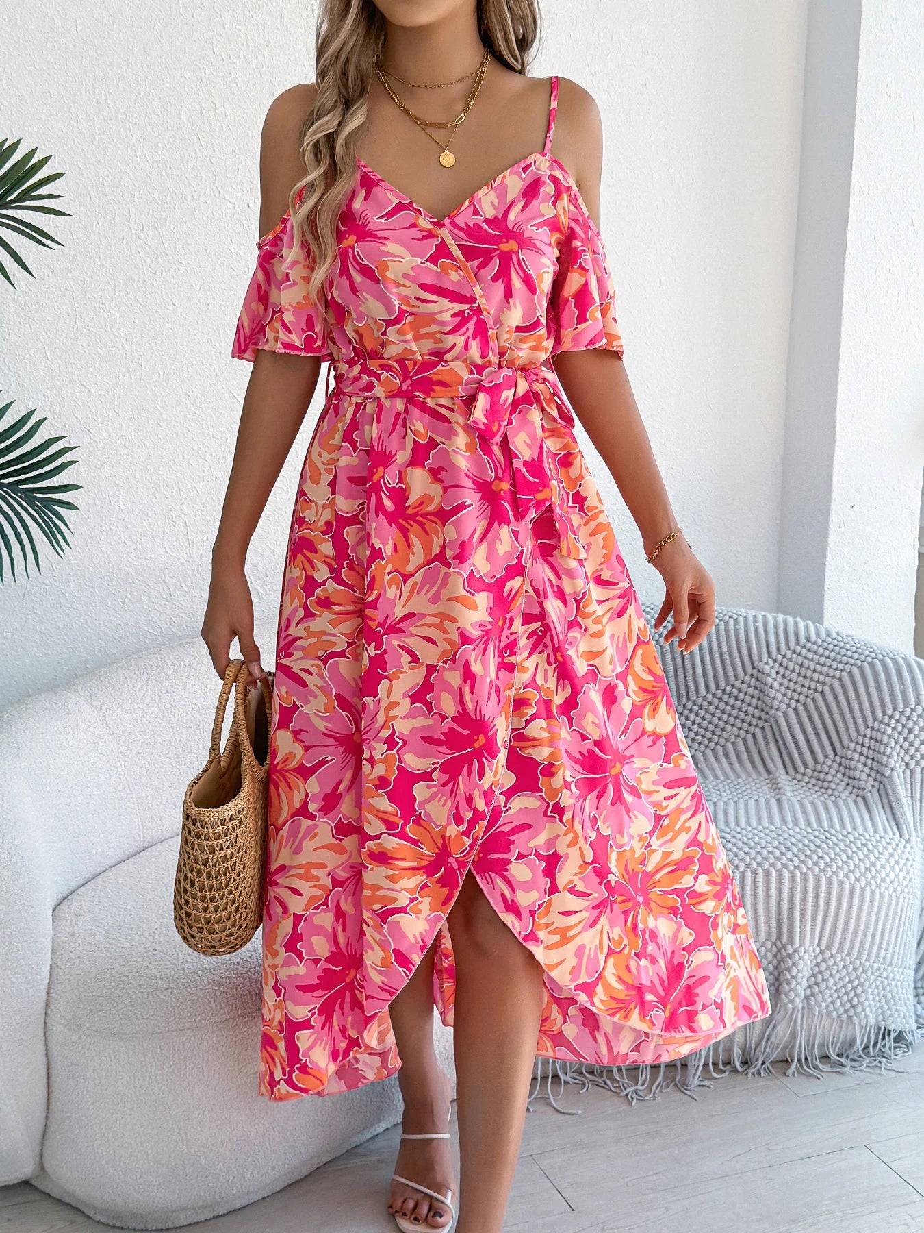 Women's Off-Shoulder Floral Wrap Maxi Dress with Belt and Side Slit