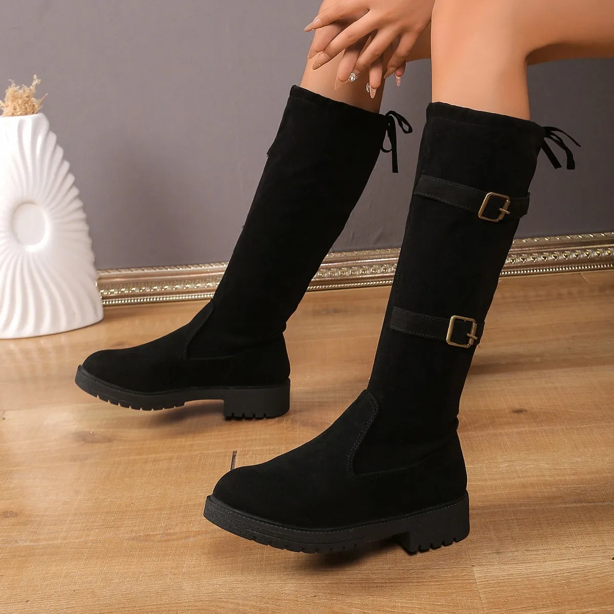 Women's Black Low Heel Knee High Boots with Classic Silhouette