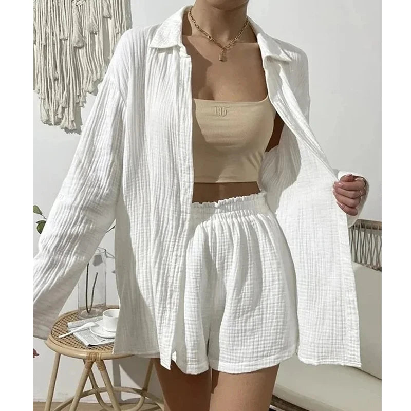 Women's 100% Cotton Two Piece Set with Shirt and High Waist Shorts
