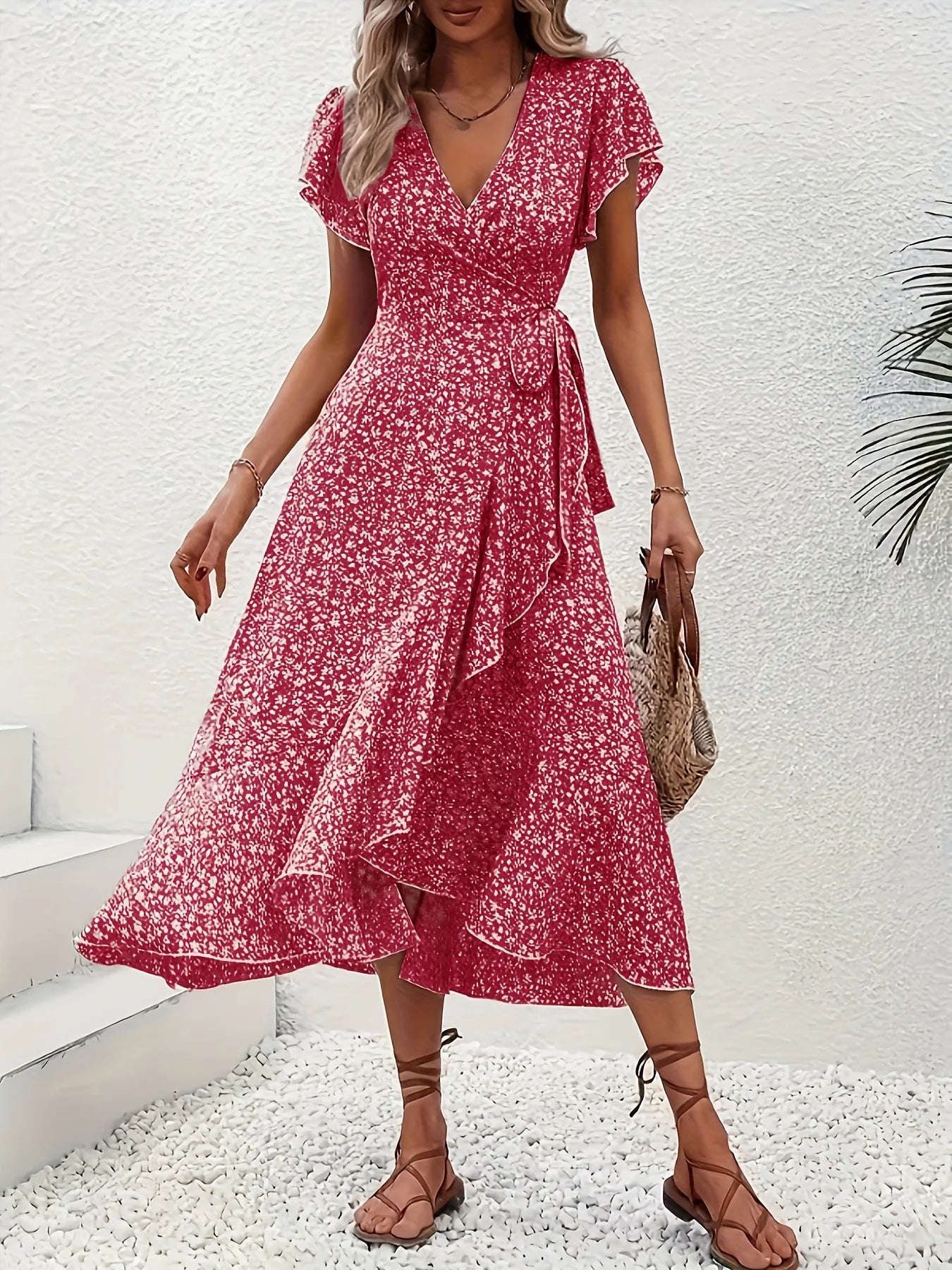 Women's V-Neck Floral Mini Wrap Dress with Short Sleeves and Tie Waist