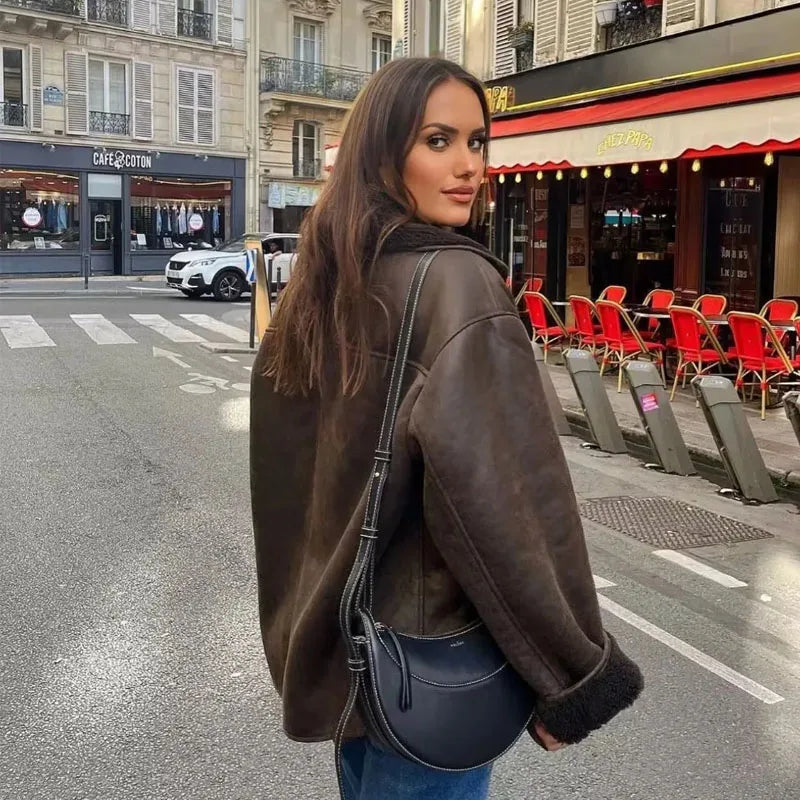 Women's Leather Winter Jacket with Plush Lining and Wide Collar