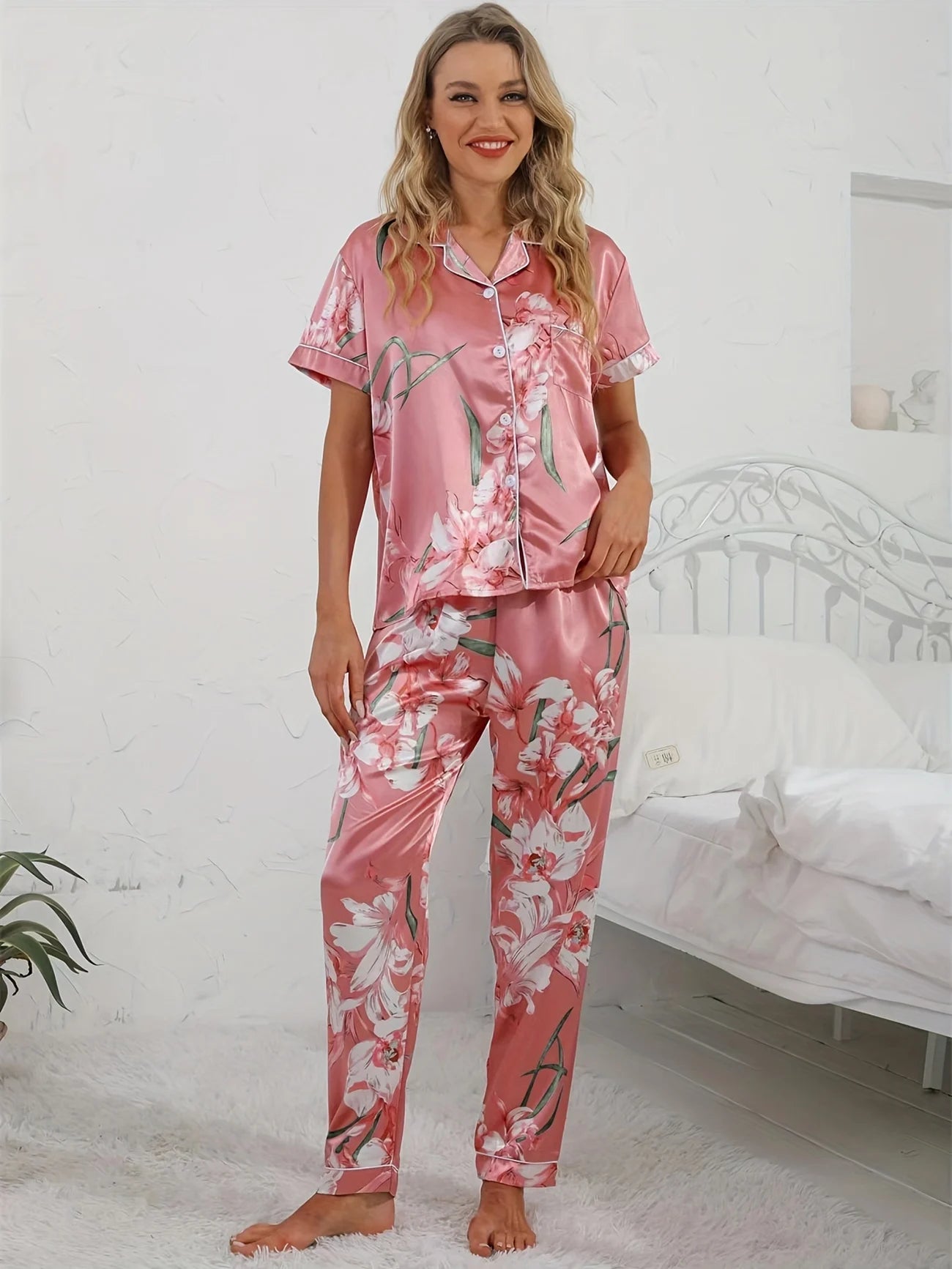 Women's 2-Piece Pink Pyjama Set with Floral Print Shirt and Trousers