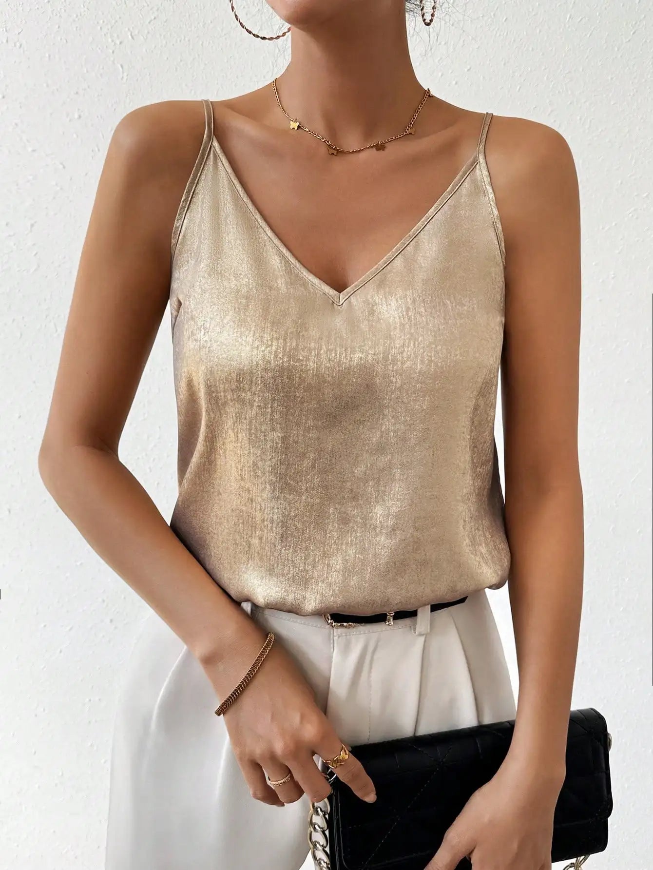 Women's Metallic V-Neck Cami Top with Spaghetti Straps