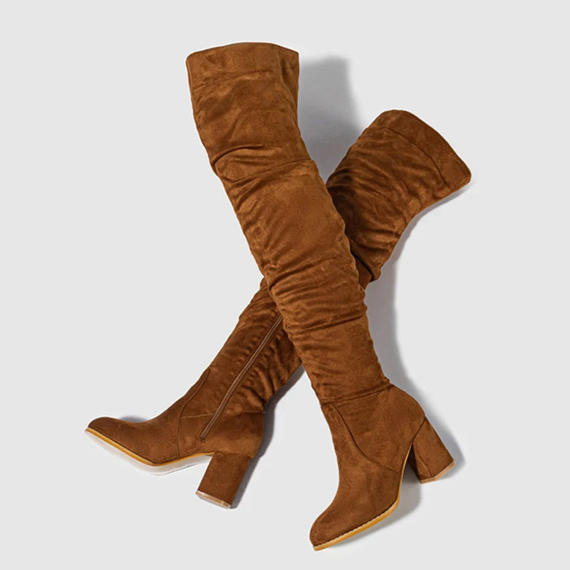 Women's Knee High Boots with Pointed Toe and Slouch Block Heel