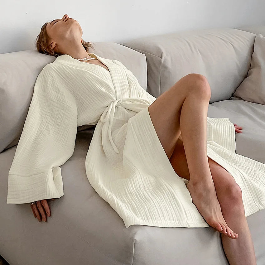 Women's Long Sleeve Cotton Dressing Gown with Belted Wrap Design
