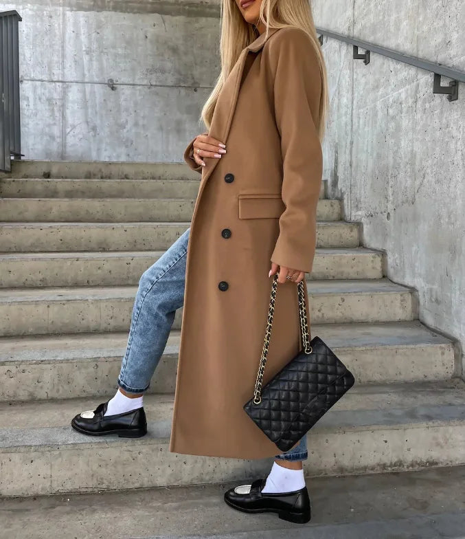 Women's Double-Breasted Winter Coat with Waist Belt and Classic Fit