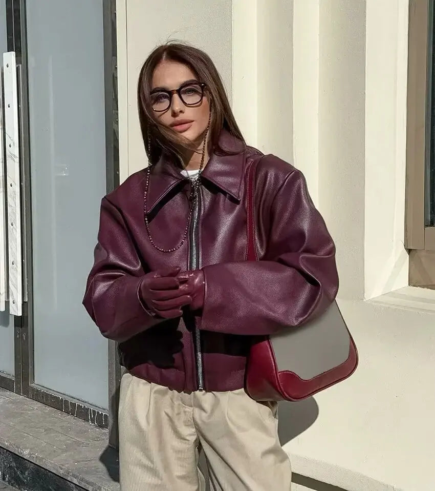 Women's Leather Jacket with Zipper Front and Classic Lapel Collar