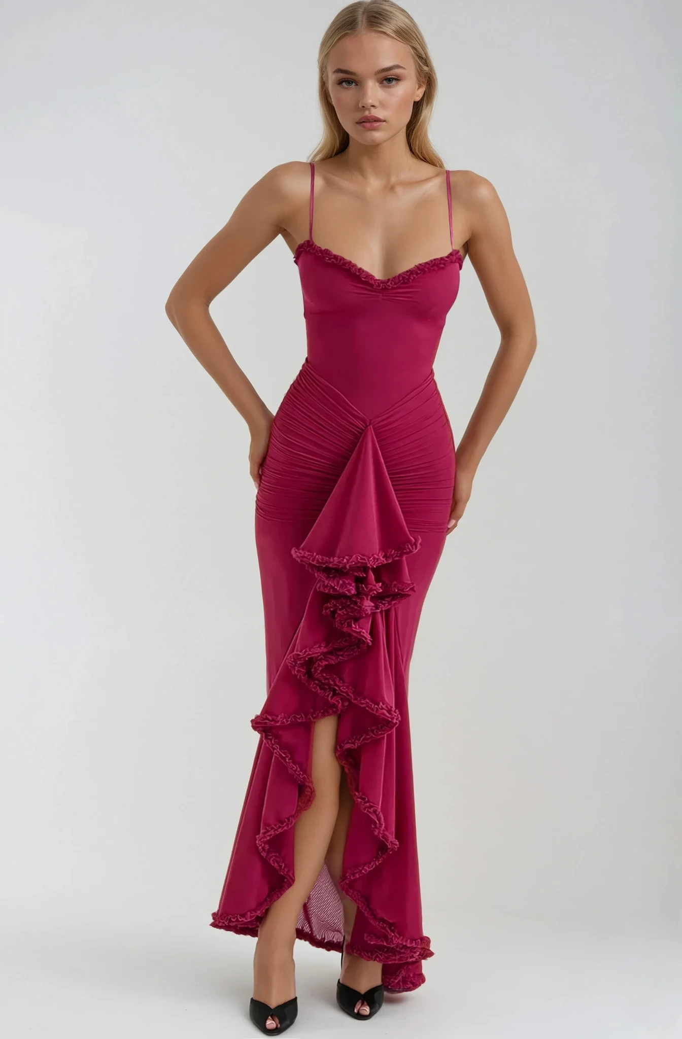 Women's Ruffle Maxi Dress with Spaghetti Straps and Ruched Waist