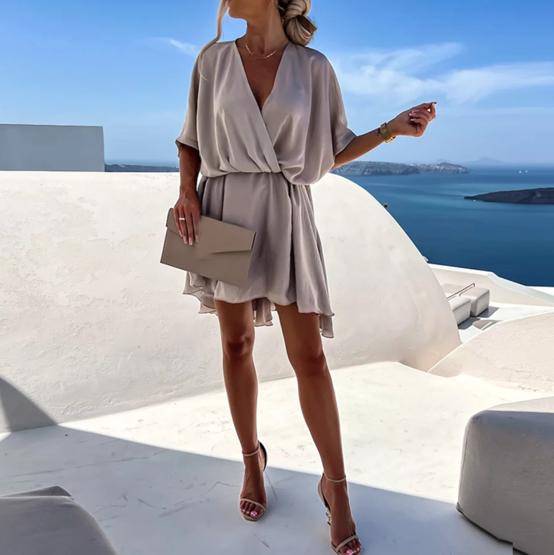 Women's V-Neck Flowy Mini Dress with Short Sleeves and High Waist