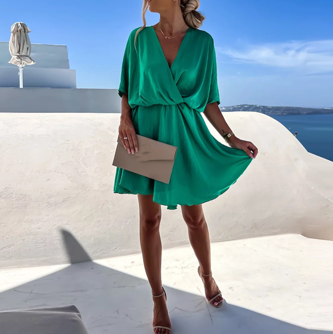 Women's Draped V-Neck Mini Dress with Flowing Short Sleeves