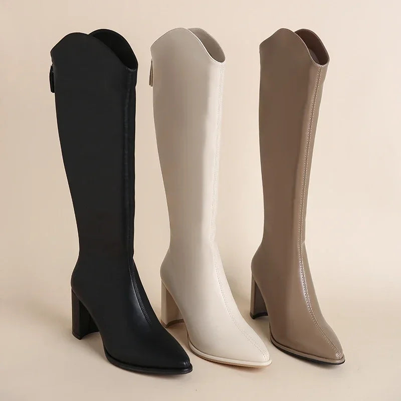 Women's Knee High Boots with Side Zip and Block Heel