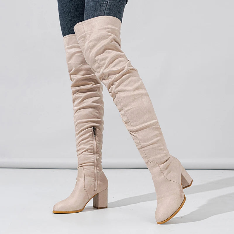 Women's Knee High Boots with Pointed Toe and Slouch Block Heel