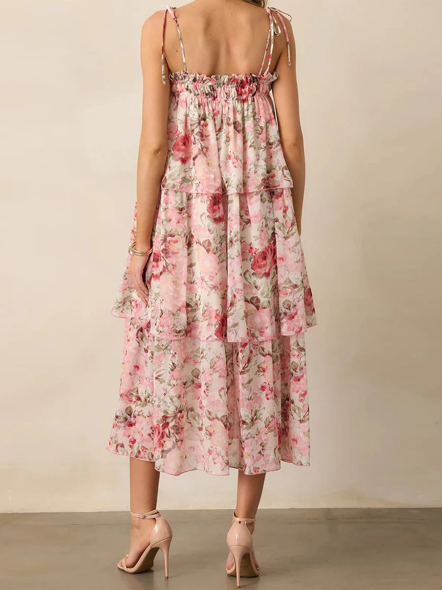 Women's Floral Sleeveless Midi Dress with Tiered Ruffle Hem