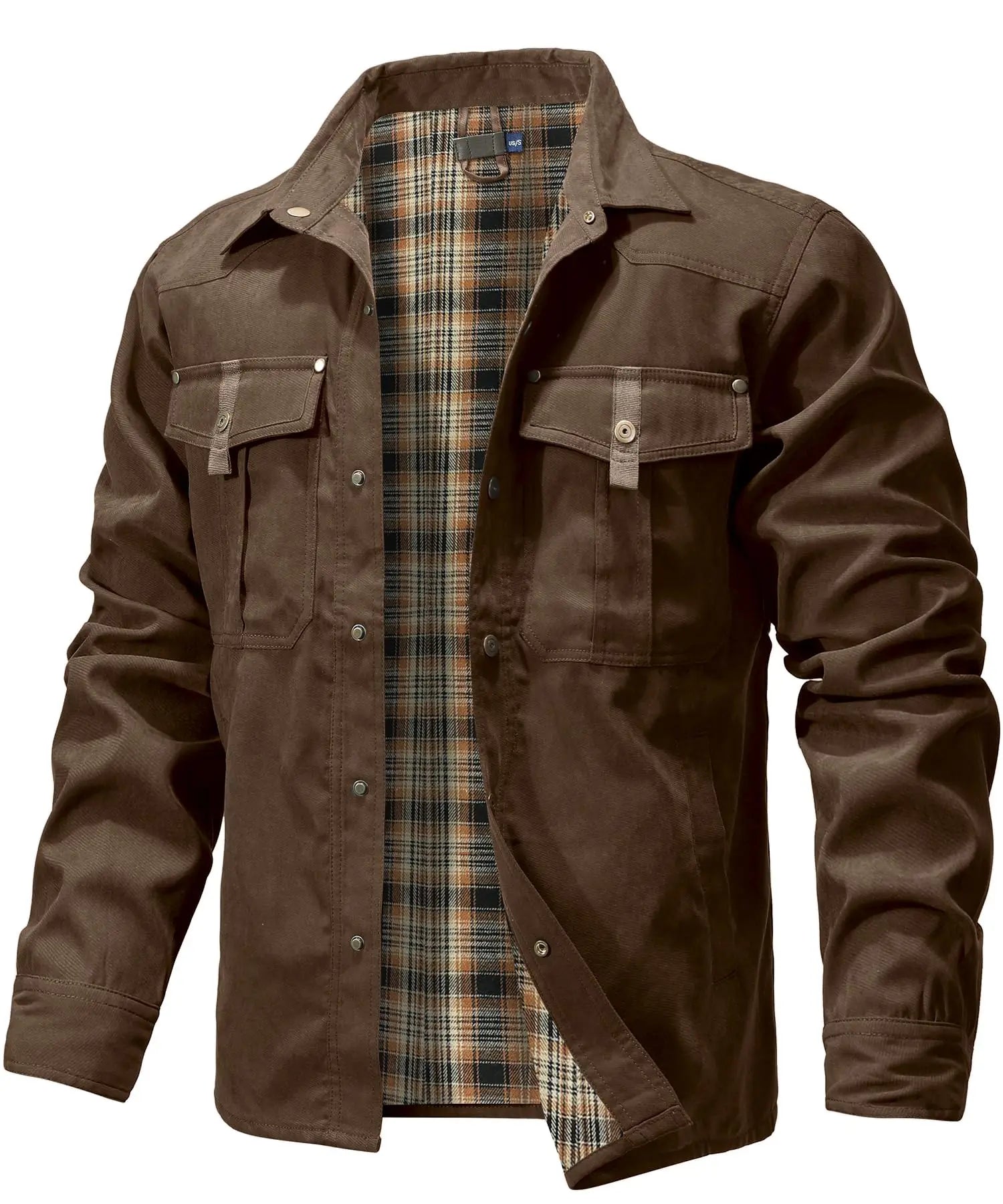 Men’s Western Overshirt Jacket with Plaid Lining and Flap Pockets